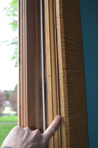 SW Parlor bay window trim before exposed cedar from wall rebuild.